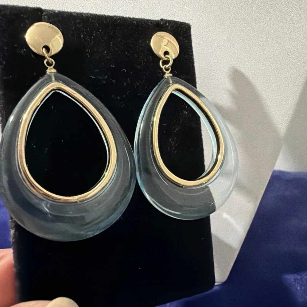 Teardrop acetate dangling Clear Blue Gold Tone Earrings